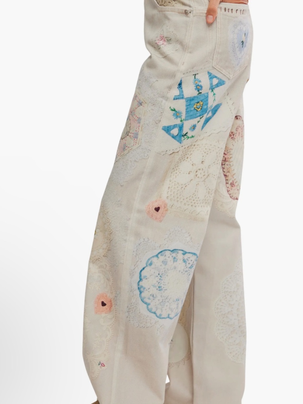 Embroidered Heart Patch Wide-Leg Jeans - Cream - Picture 3 of 3